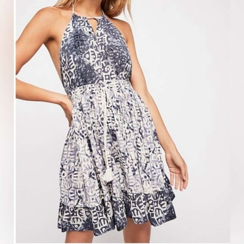 Free People Beach Days Halter‎ Neck Blue and Ivory Dress - size XS